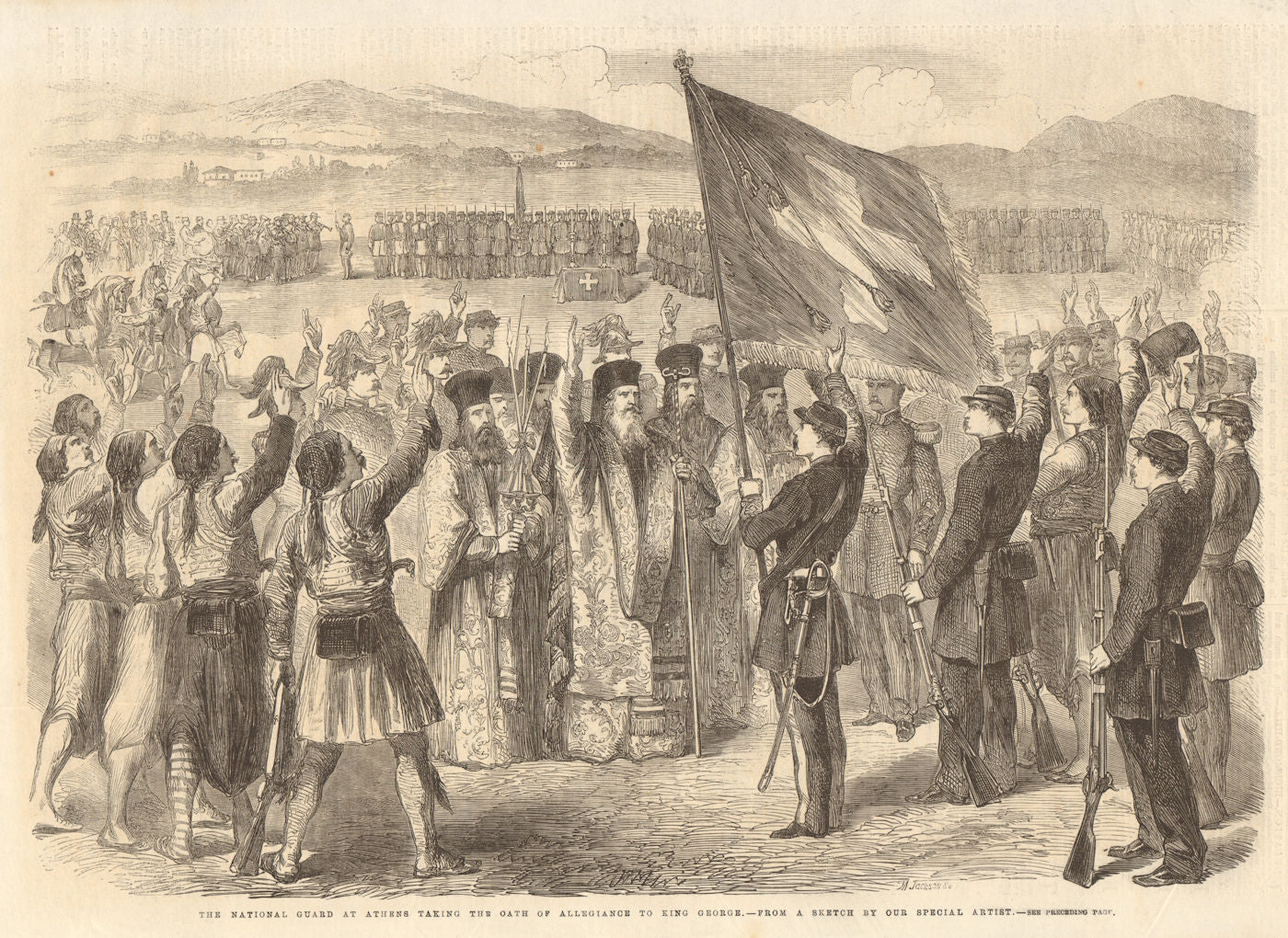 The National Guard at Athens swearing allegiance to King George. Greece 1863
